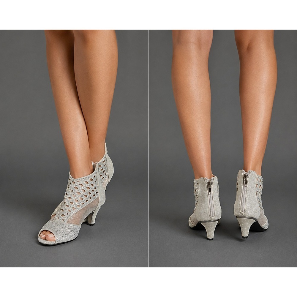 Women's Silver Rhinestone Peep Toe Booties Cutout Glitter Heels Zip Back Sz 8